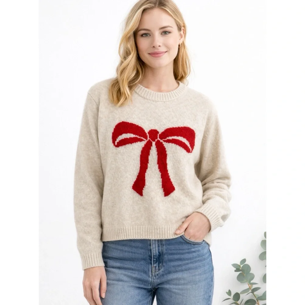 a new day Beige Sweater with Red Bow